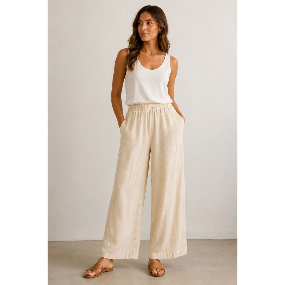 Eileen Fisher Silk Linen Wide Leg Pull-On Pants Ivory Women’s Medium